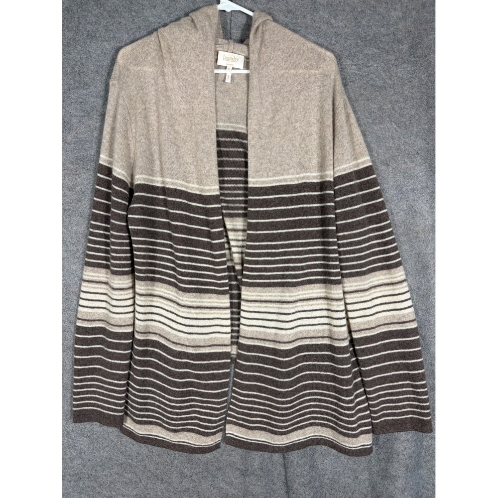 Laundry by Shelli Segal 100% Cashmere Hooded Cardigan Sweater Brown Stripe XL